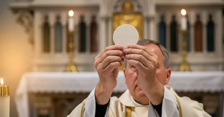 Sacerdote celebrando a Missa e consagrando a hóstia, demonstrando a presença real de Jesus na Eucaristia
