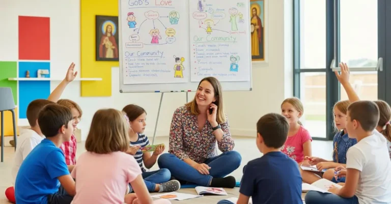 Catequista sorrindo em um círculo com crianças e jovens durante um encontro de catequese bem-sucedido, mostrando a importância da didática.