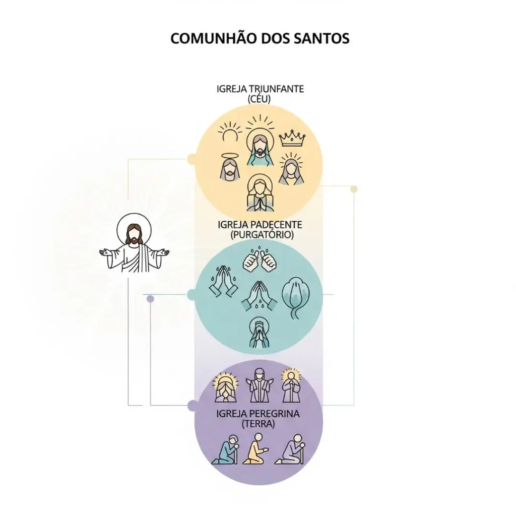 Diagrama da Comununhão dos Santos mostrando a união da Igreja na Terra, no Purgatório e no Céu em Cristo.