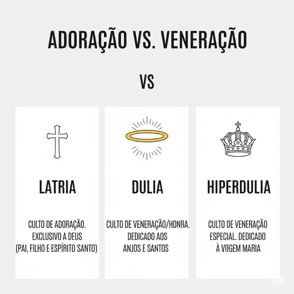 Tabela explicando a diferença entre adoração (latria), veneração (dulia) e a veneração especial a Maria (hiperdulia).