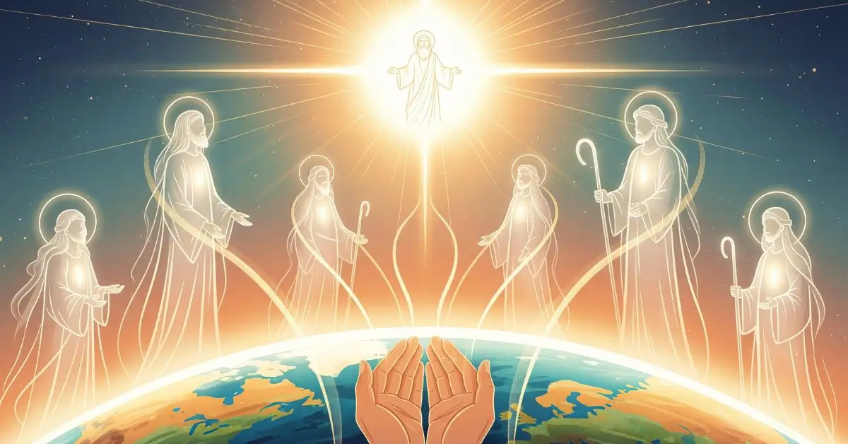 Ilustração explicando por que os católicos rezam para os santos através da intercessão e da Comunhão dos Santos.