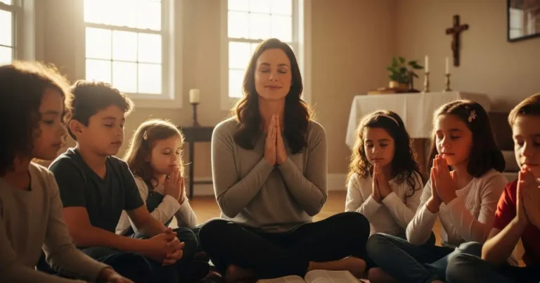Catequista ensinando um grupo de crianças a rezar durante um encontro de catequese.