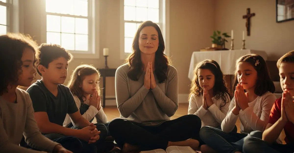 Catequista ensinando um grupo de crianças a rezar durante um encontro de catequese.