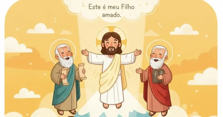 Ilustração colorida da Transfiguração de Jesus no Monte Tabor, com Pedro, Tiago e João olhando maravilhados, ideal para catequese infantil.