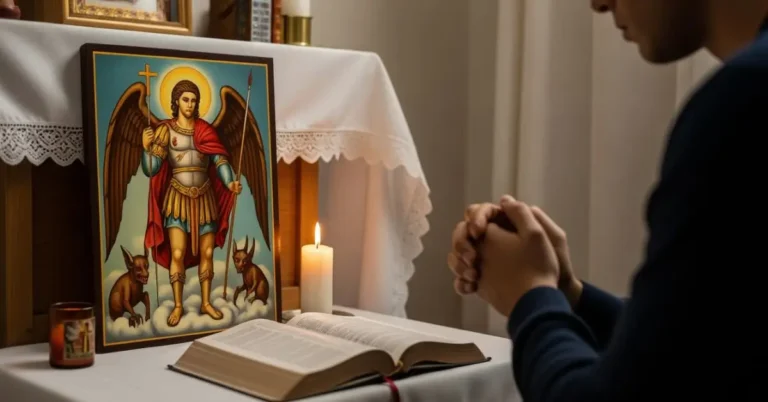 Pessoa rezando em um altar caseiro com uma imagem de São Miguel Arcanjo, uma vela acesa e uma Bíblia aberta.