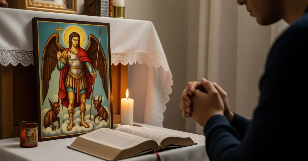 Pessoa rezando em um altar caseiro com uma imagem de São Miguel Arcanjo, uma vela acesa e uma Bíblia aberta.
