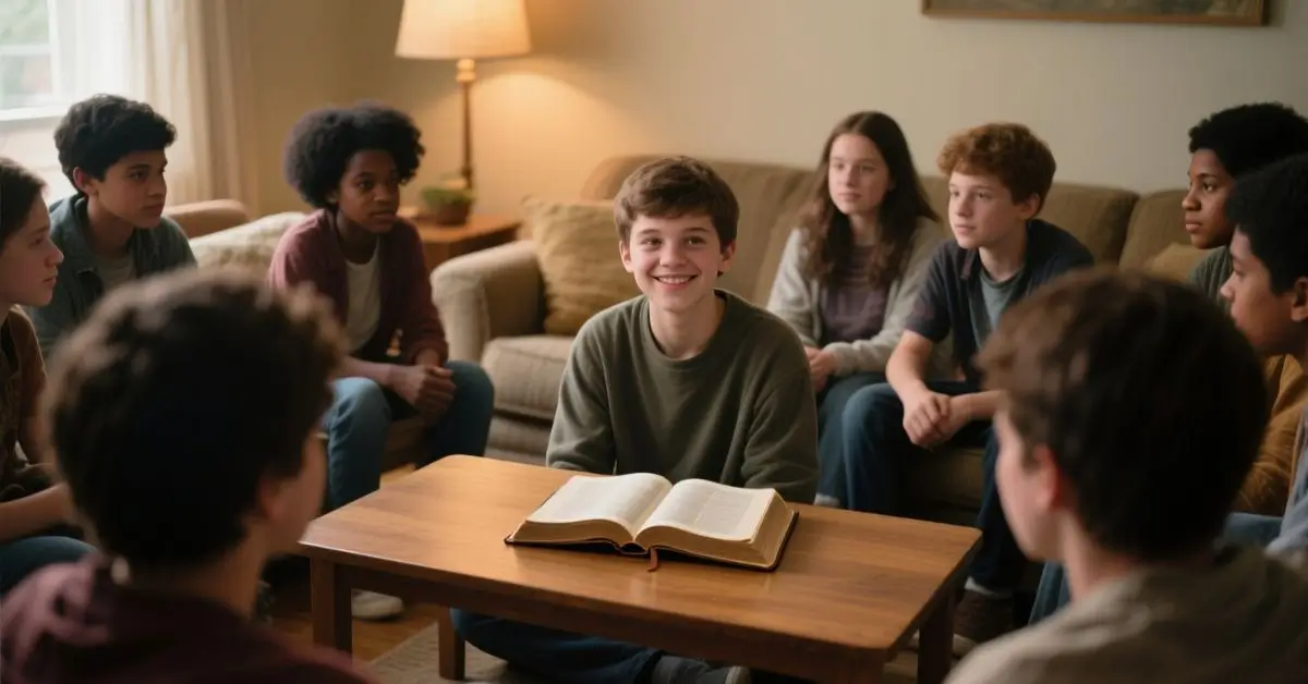 Grupo de adolescentes na catequese participando de uma Lectio Divina em círculo, com foco em uma jovem sorrindo.