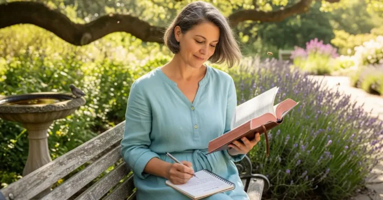 Catequista em um ambiente tranquilo fazendo a Lectio Divina com a Bíblia aberta e um caderno de anotações.