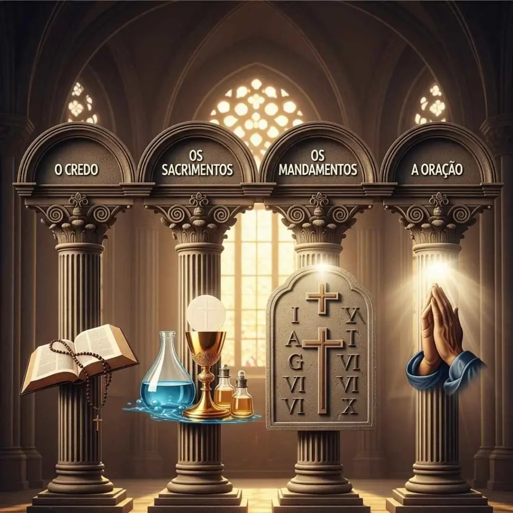 Infográfico mostrando os quatro pilares da fé católica: O Credo, os Sacramentos, os Mandamentos e a Oração