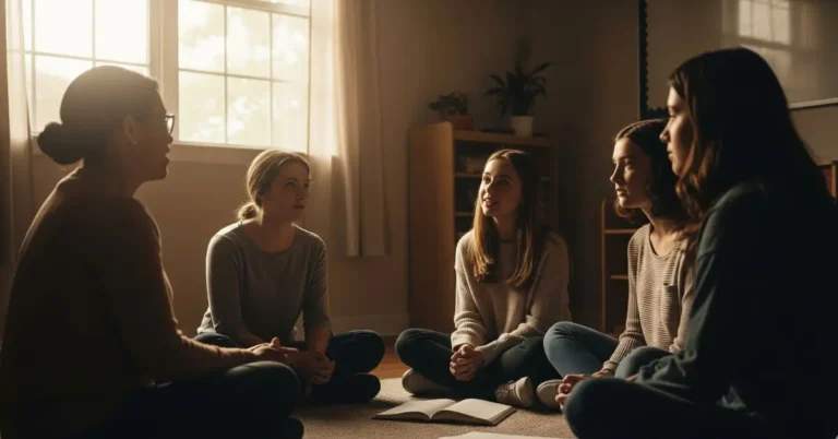 Catequista em uma roda de conversa com adolescentes, discutindo saúde mental e fé em um ambiente de acolhimento na catequese. Como falar sobre saúde mental e fé na catequese com adolescentes