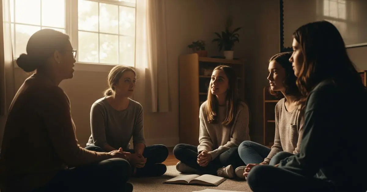 Catequista em uma roda de conversa com adolescentes, discutindo saúde mental e fé em um ambiente de acolhimento na catequese. Como falar sobre saúde mental e fé na catequese com adolescentes