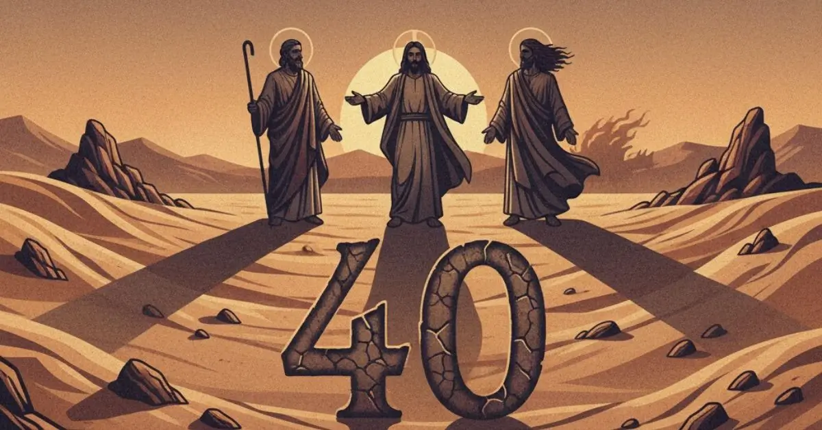 Imagem simbólica mostrando o significado do número 40 na Bíblia, com um deserto ao fundo representando provação e preparação.