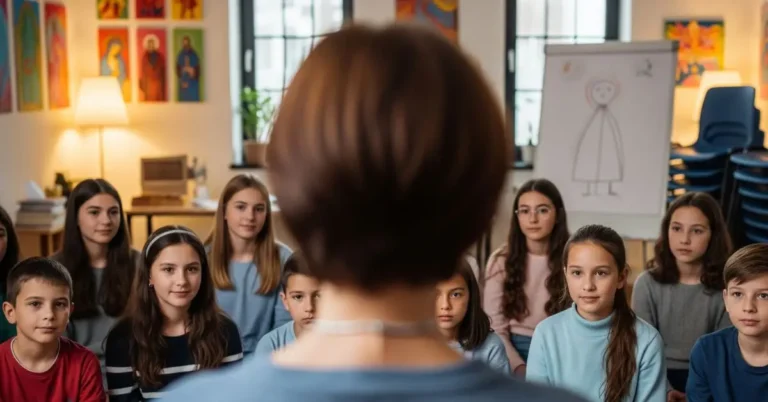 Catequizandos escutando com atenção e expressão comovida durante catequese, exemplificando o poder do storytelling católico para a evangelização