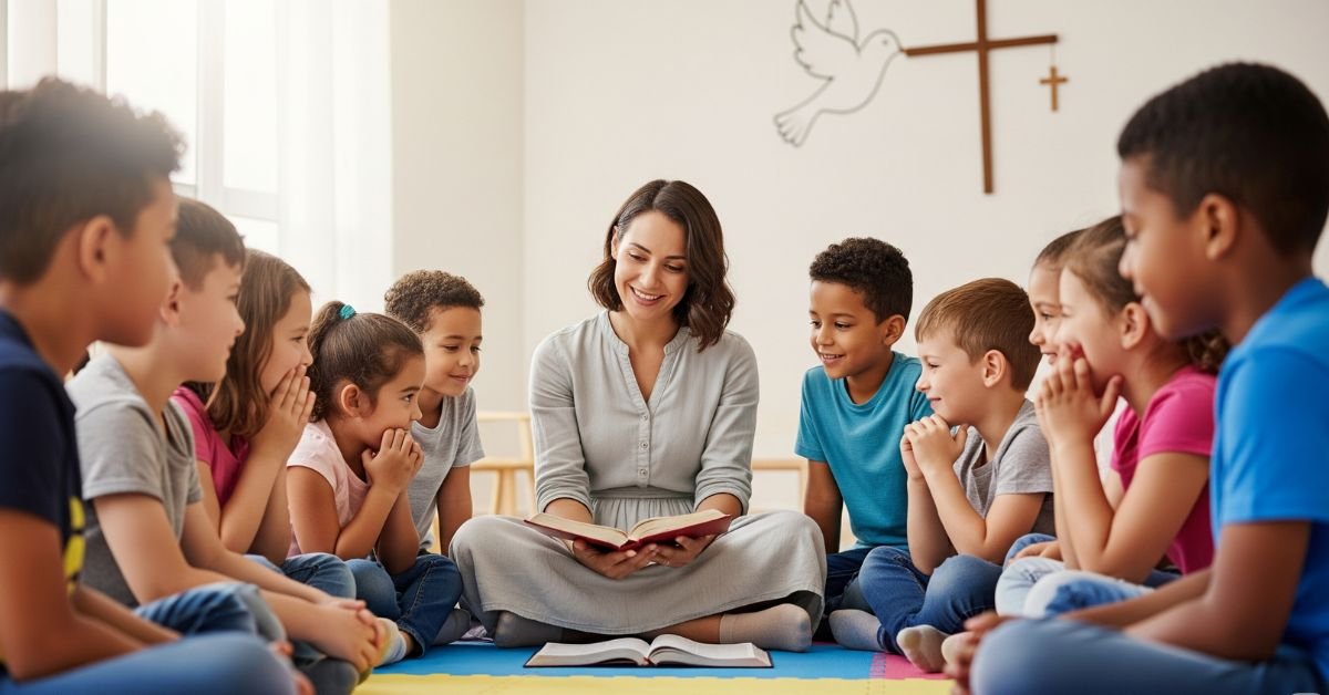 Catequista aplica estratégias para acalmar uma turma de catequese agitada, sentado em círculo com as crianças em um ambiente de paz.