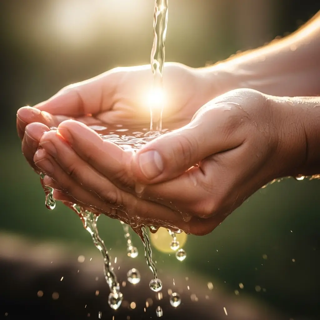Uma foto em close-up de mãos em concha recebendo água ou luz, simbolizando o "amor de Deus derramado" pelo Espírito Santo.