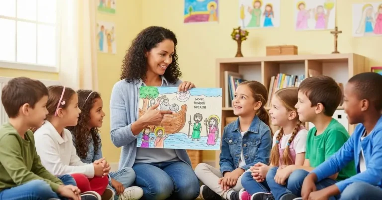 Catequista mostrando um desenho da Bíblia para um grupo de crianças sorridentes sentadas em círculo na sala de catequese.