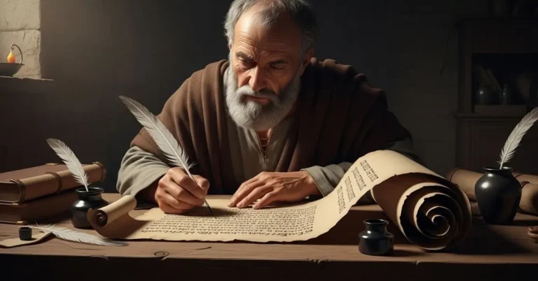 Ilustração de São Paulo Apóstolo escrevendo a Carta aos Romanos, com um pergaminho e uma pena em uma mesa de madeira.