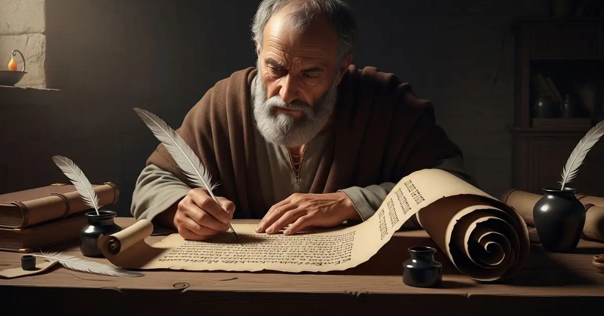 Ilustração de São Paulo Apóstolo escrevendo a Carta aos Romanos, com um pergaminho e uma pena em uma mesa de madeira.