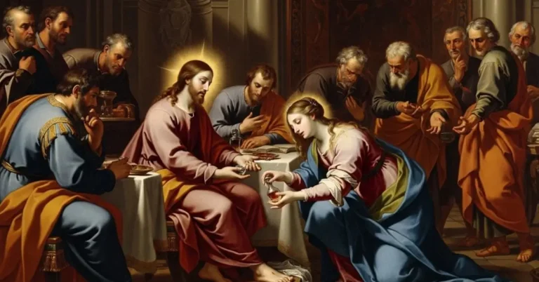 Pintura clássica mostrando a mulher pecadora ungindo os pés de Jesus com perfume na casa de Simão, o fariseu, ilustrando a catequese de Lucas 7, 36-50.