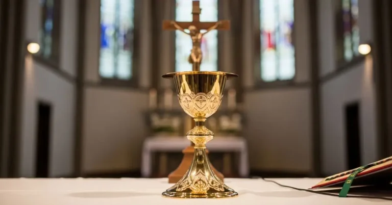 Altar de igreja preparado para a Santa Missa, com cálice, patena e missal abertos, simbolizando o início da catequese sobre a Missa.