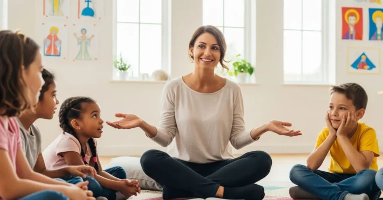 atequista explicando o Querigma para um grupo de crianças atentas durante um encontro de catequese.