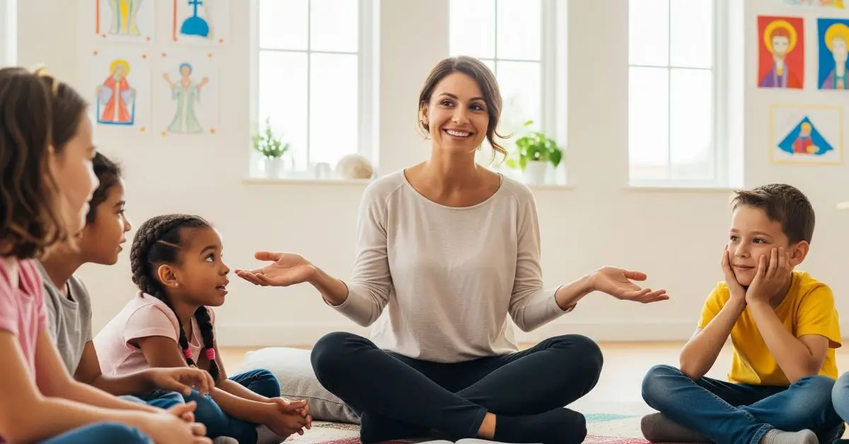 atequista explicando o Querigma para um grupo de crianças atentas durante um encontro de catequese.
