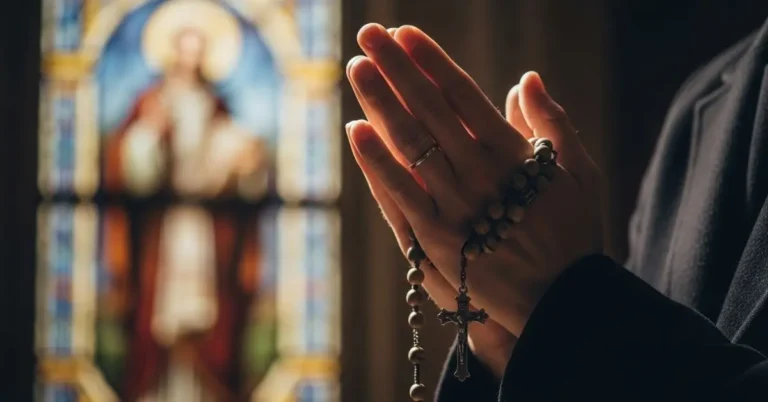Mãos de uma pessoa rezando com um terço, pedindo a intercessão de um santo, em frente a uma imagem sacra.