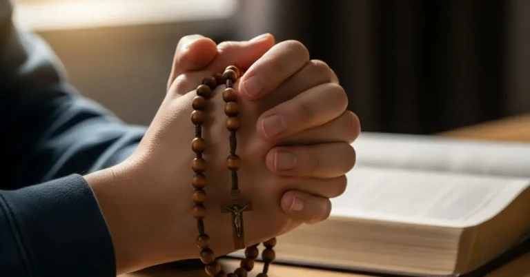 Mãos de uma pessoa segurando um terço de madeira em posição de oração, com uma Bíblia ao fundo.