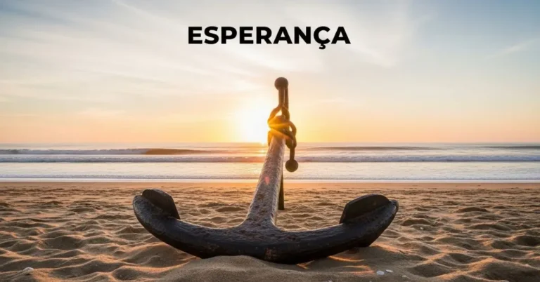 Uma imagem calorosa e inspiradora de uma âncora fincada na areia ao nascer do sol que representa um encontro de catequese sobre esperanca