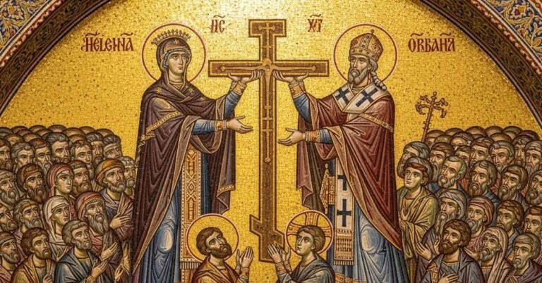 Santa Helena e o Bispo Macário exaltando a Santa Cruz em Jerusalém após sua descoberta