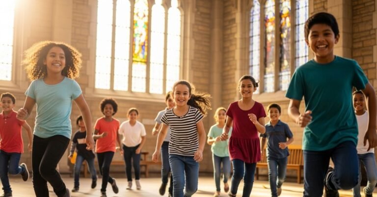 Jovens e crianças participando de uma gincana bíblica animada na catequese da paróquia.