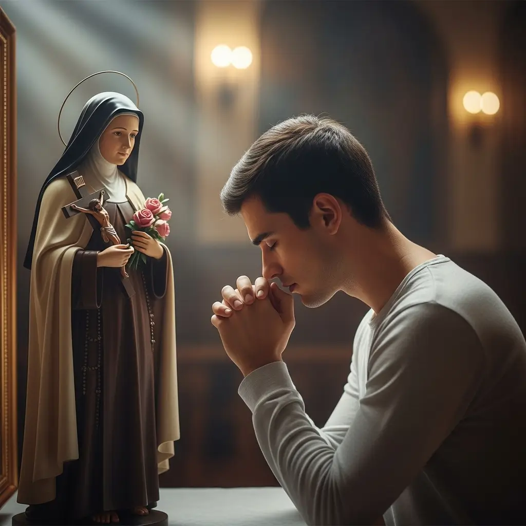 Jovem rezando diante de imagem de Santa Terezinha. Como pedir a intercessão de um santo