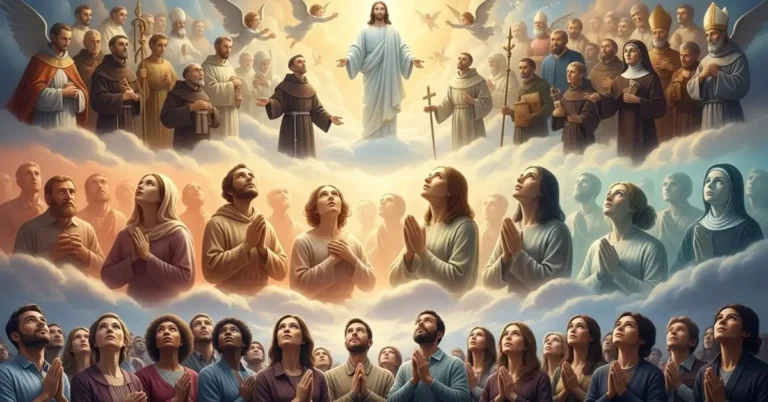Ilustração artística mostrando o que é a Comunhão dos Santos, com a Igreja Triunfante no céu, a Padecente no purgatório e a Militante na terra, todas unidas em Cristo.