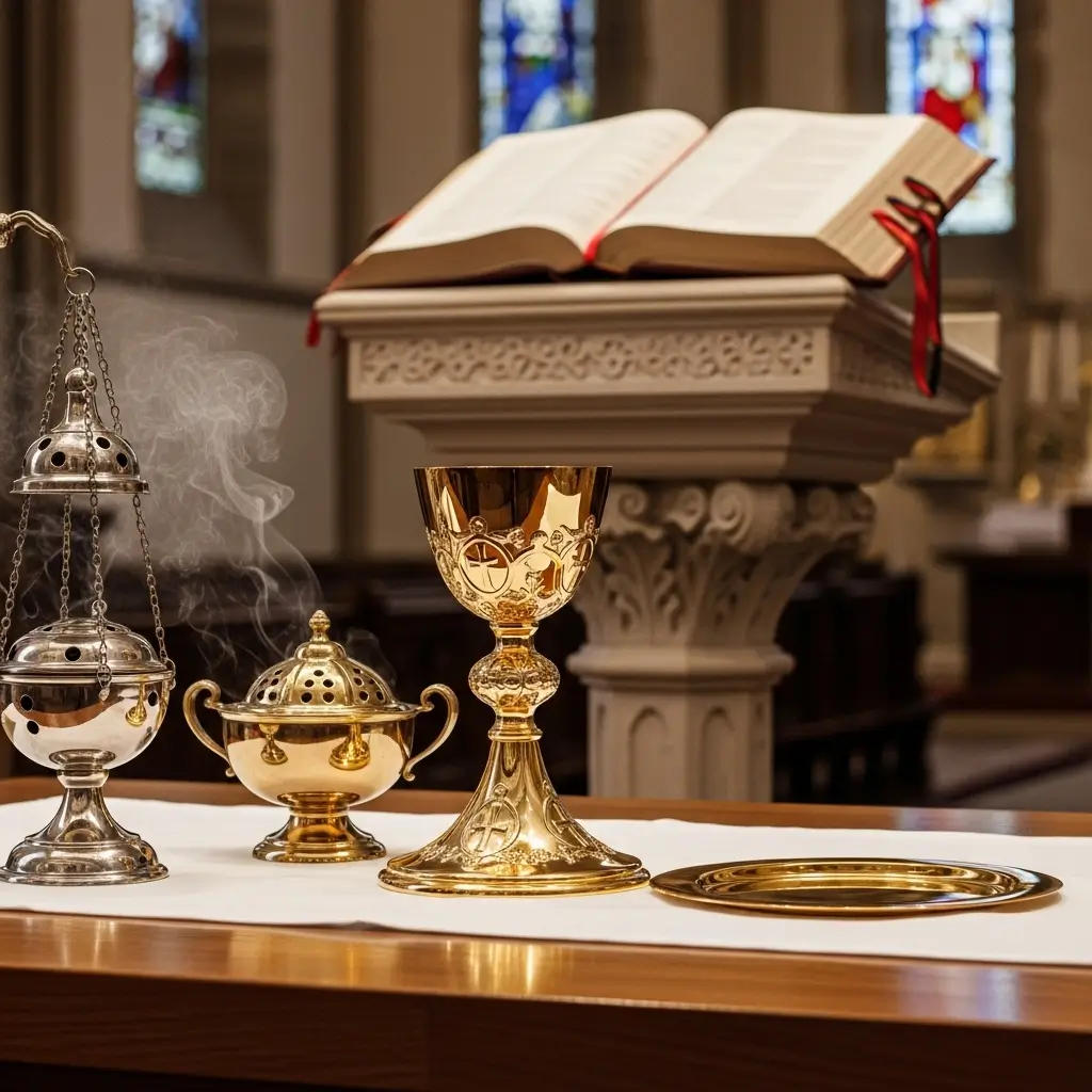 Imagem mostrando os principais objetos litúrgicos usados na Missa, incluindo o cálice, a patena, o ambão e o turíbulo