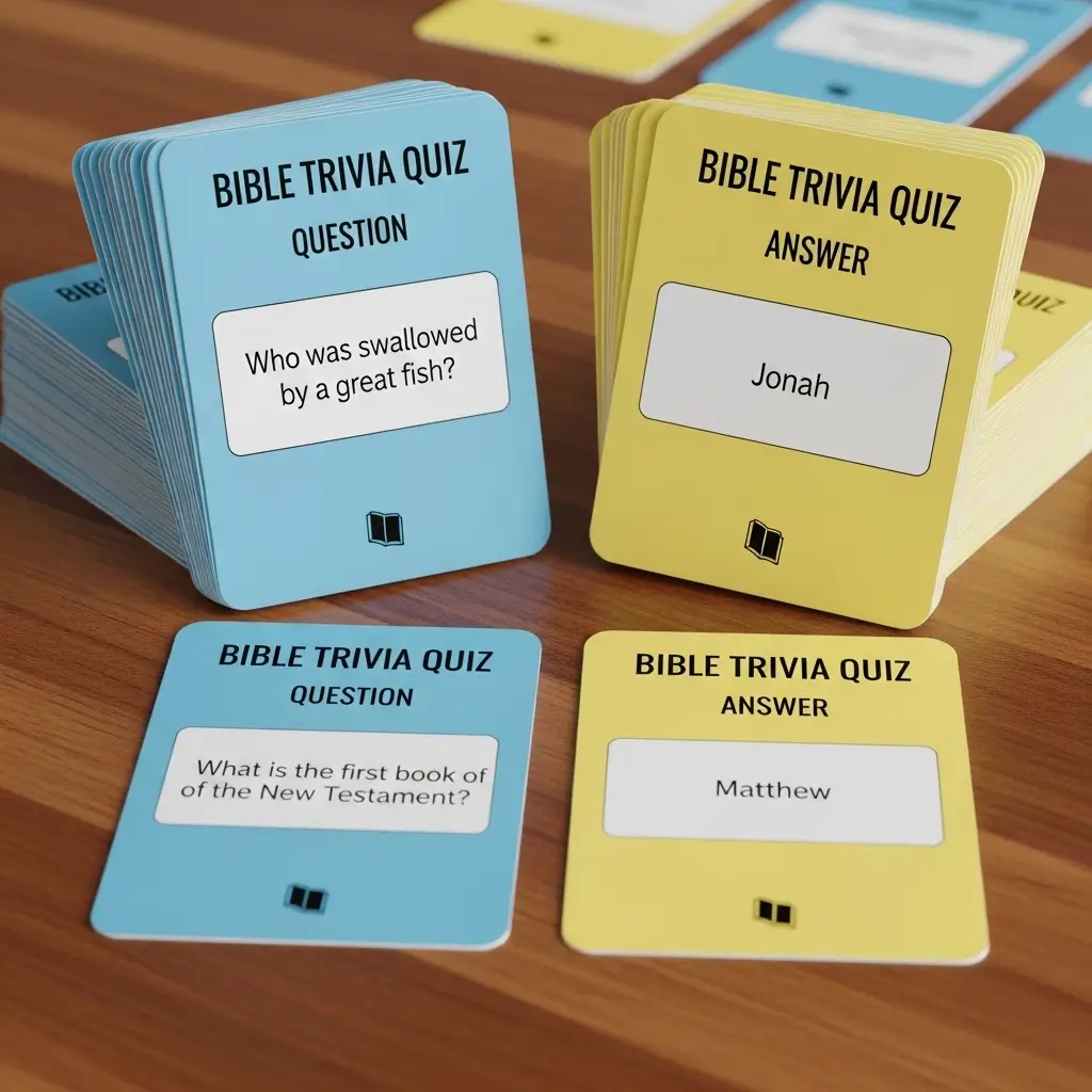 Cartões de perguntas e respostas prontos para usar em um quiz de gincana bíblica.
