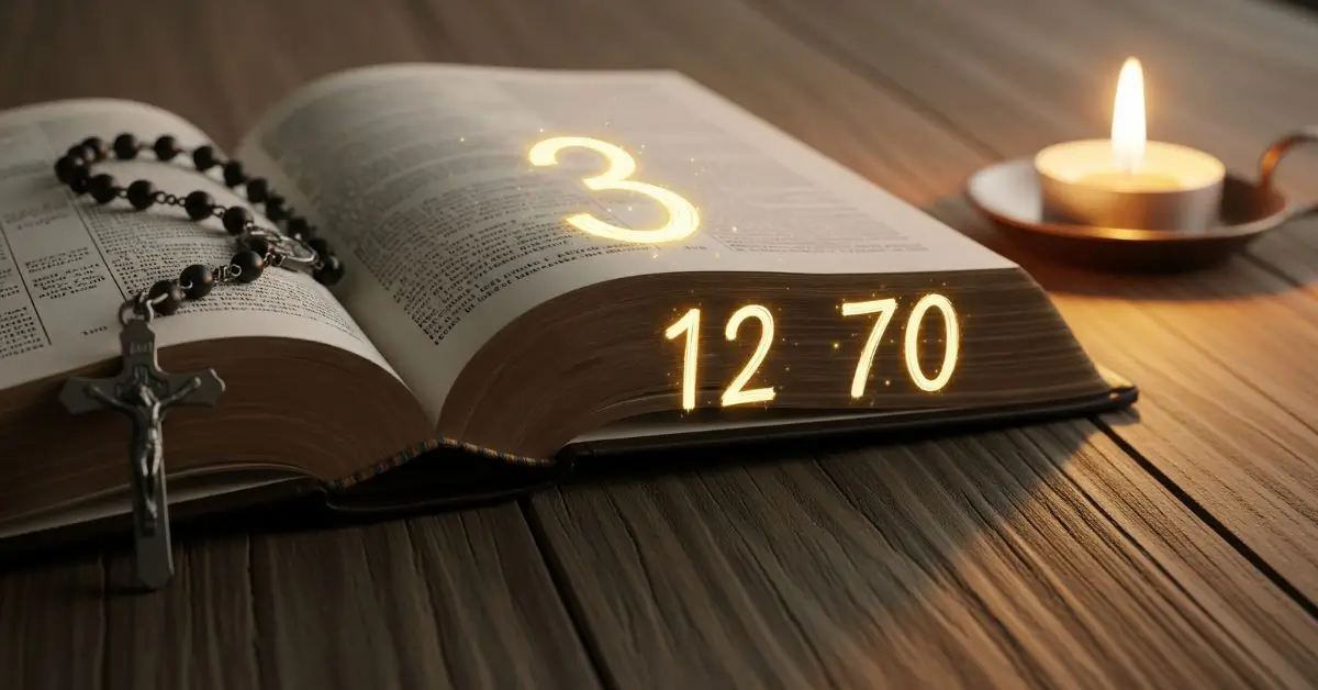 Bíblia aberta sobre uma mesa de madeira com os números 3, 12 e 70 destacados graficamente, simbolizando a fé católica.