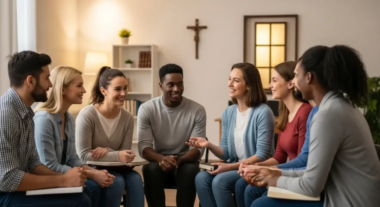 Grupo de adultos na catequese de inspiração catecumenal conversando em círculo com catequista em uma sala da paróquia.