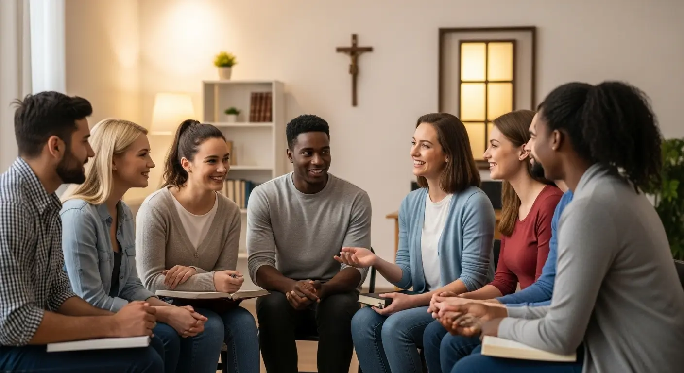 Grupo de adultos na catequese de inspiração catecumenal conversando em círculo com catequista em uma sala da paróquia.
