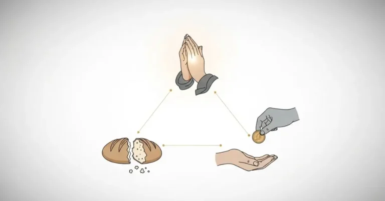 Catequese sobre Jejum, Oração e Esmola: Símbolos representando os três pilares da vida cristã.