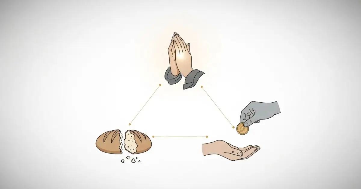 Catequese sobre Jejum, Oração e Esmola: Símbolos representando os três pilares da vida cristã.