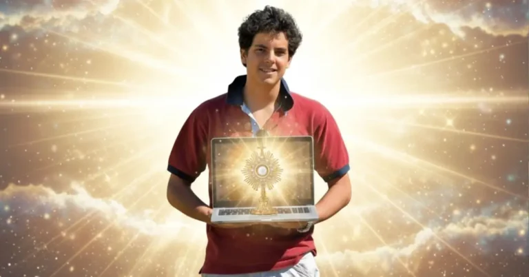 Ilustração de São Carlo Acutis sorrindo, segurando um notebook que exibe um ostensório com a Eucaristia, representando a catequese sobre o Ciberapóstolo.