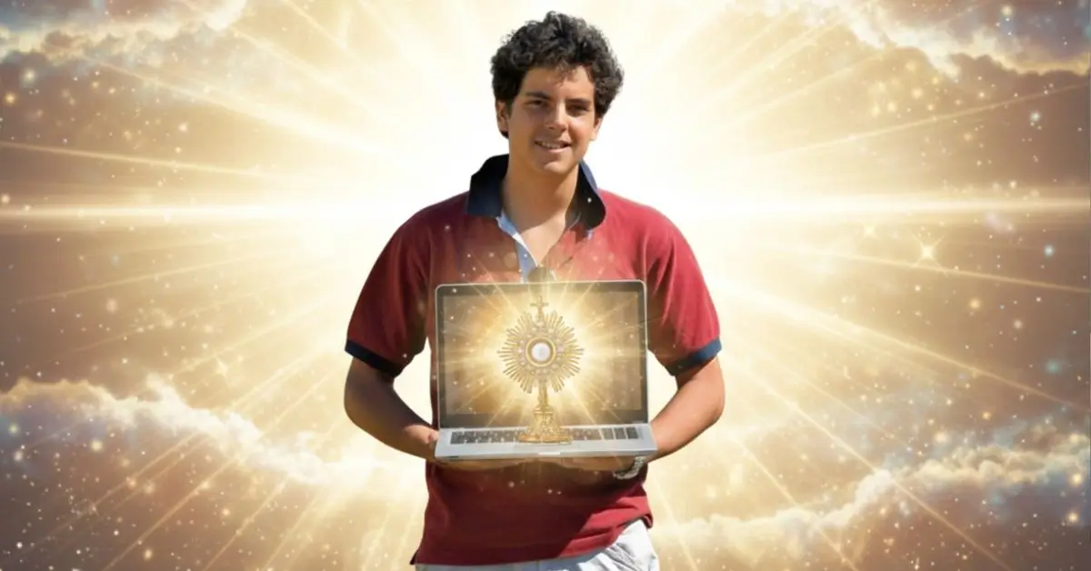 Ilustração de São Carlo Acutis sorrindo, segurando um notebook que exibe um ostensório com a Eucaristia, representando a catequese sobre o Ciberapóstolo.