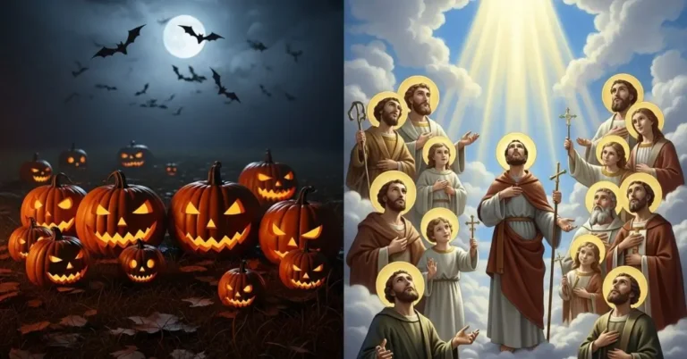 Catequista em dúvida entre o Halloween e a Solenidade de Todos os Santos, com imagens representando cada celebração