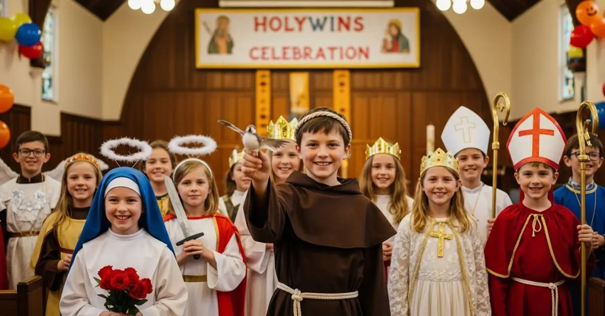 Crianças da catequese sorrindo, vestidas com fantasias de santos como São Francisco e Santa Teresinha para uma festa de Holywins na paróquia.