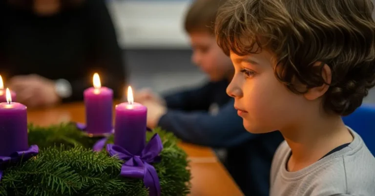 Criança observando a luz das velas na coroa do advento durante catequese