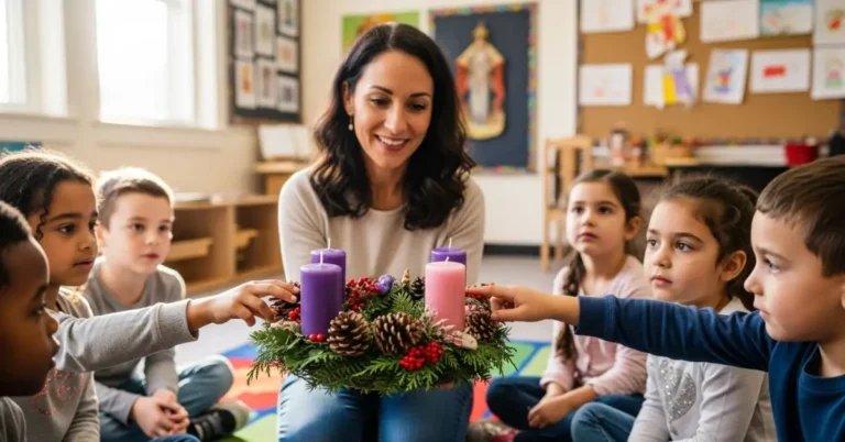 Catequista mostrando uma Coroa do Advento roxa e rosa para crianças sentadas em círculo na sala de catequese.