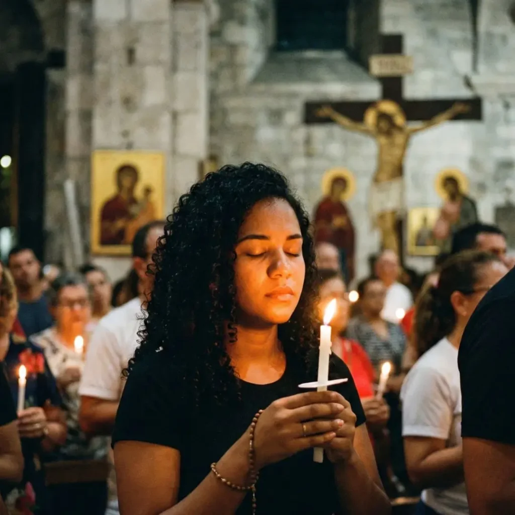 Jovem segurando uma vela acesa durante vigília de oração católica