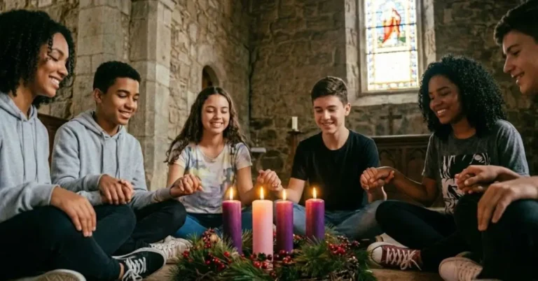 Jovens em círculo de oração ao redor de uma Coroa do Advento acesa.