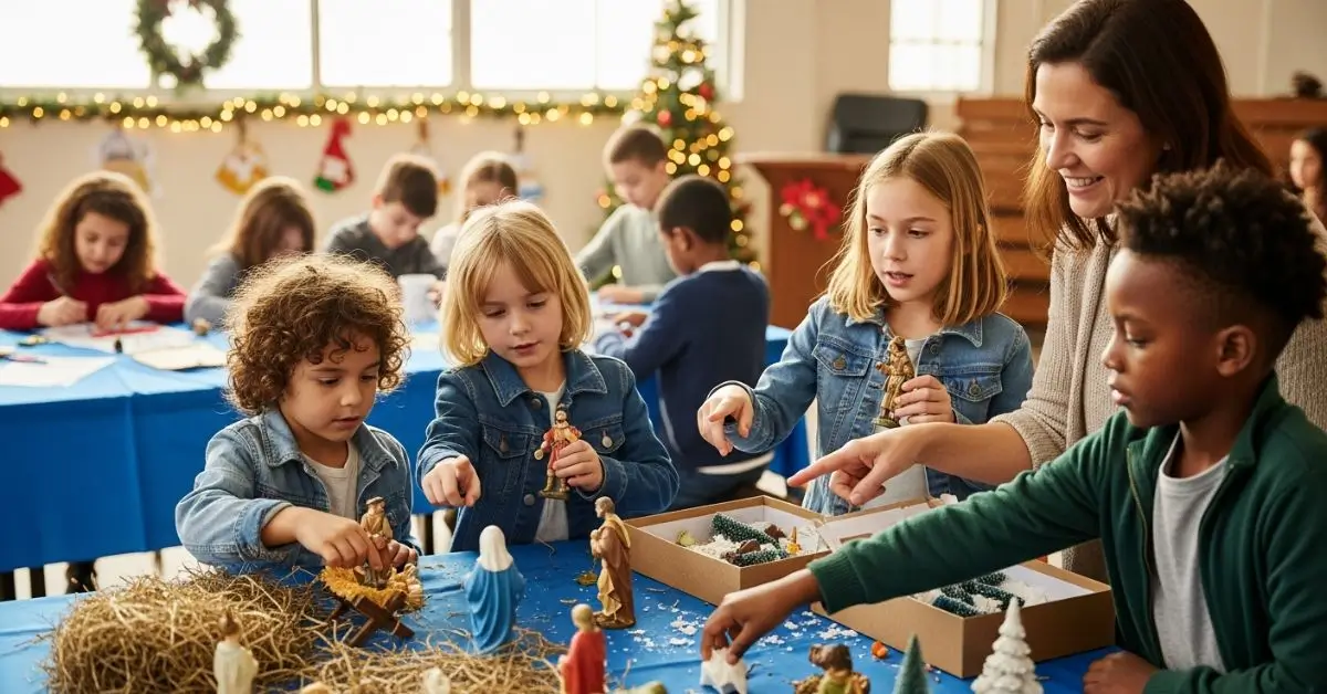 Crianças da catequese montando o presépio durante atividade de novena de natal