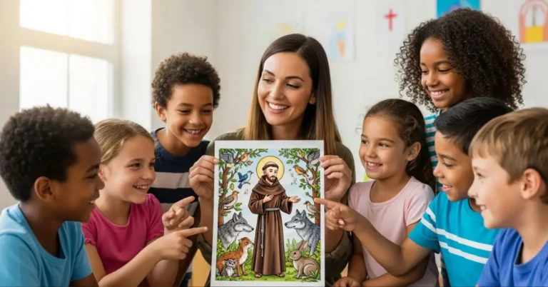 Catequista mostrando imagem de São Francisco para grupo de crianças sorridentes